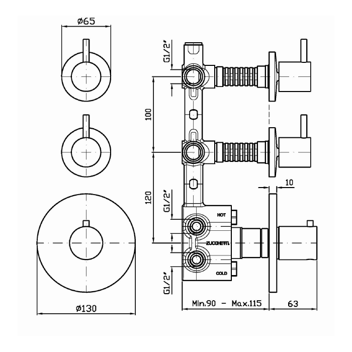 Zucchetti смеситель для душа, встраиваемый, термостатический, с переключателем на 2 потока, closer, черный матовый арт. zcl660.n6