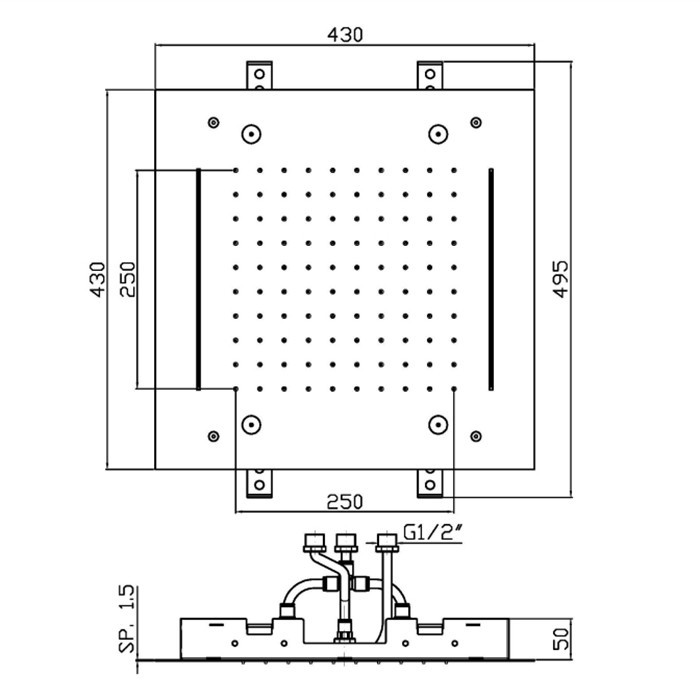 Zucchetti верхни душ 43х43см, встраиваемый в потолок, с 3 функциями, водопад, дождь и распыление, helm, нержавеющая сталь арт. z94229.x