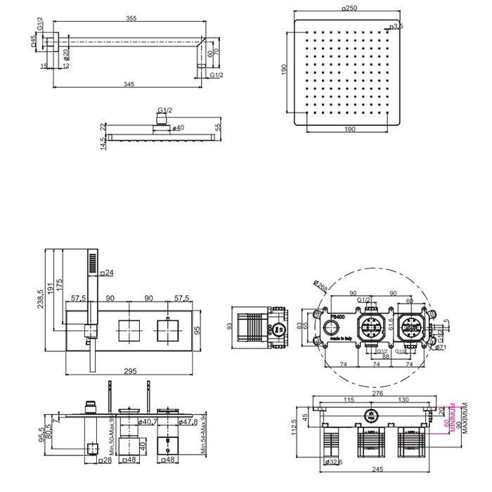 Fima Carlo Frattini душевая система, верхний душ 25х25см., с термостатическим смесителем и ручным душем, на 2 источника sistemi doccia, хром арт. f3989wx3qp256cr