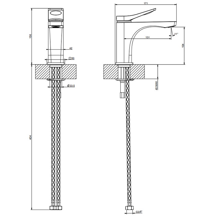 Gessi Смеситель для раковины на 1 отв. без донного клапана h=156мм, излив 131мм, Rilievo, 59006#299 цвет: nero xl