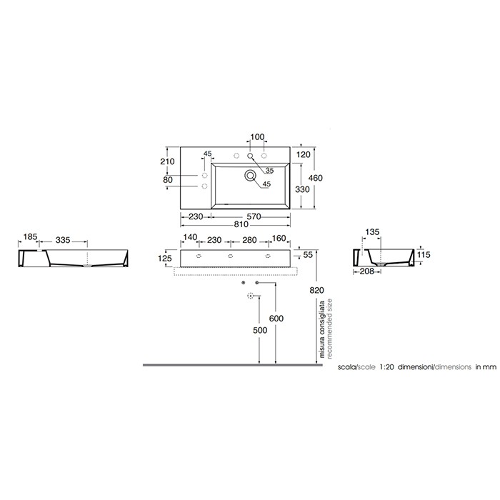 Azzurra раковина 81х46х12.5см., подвесная/накладная, 1 отв., Azzurra, ELLP08146LQMBI*1 цвет: белый