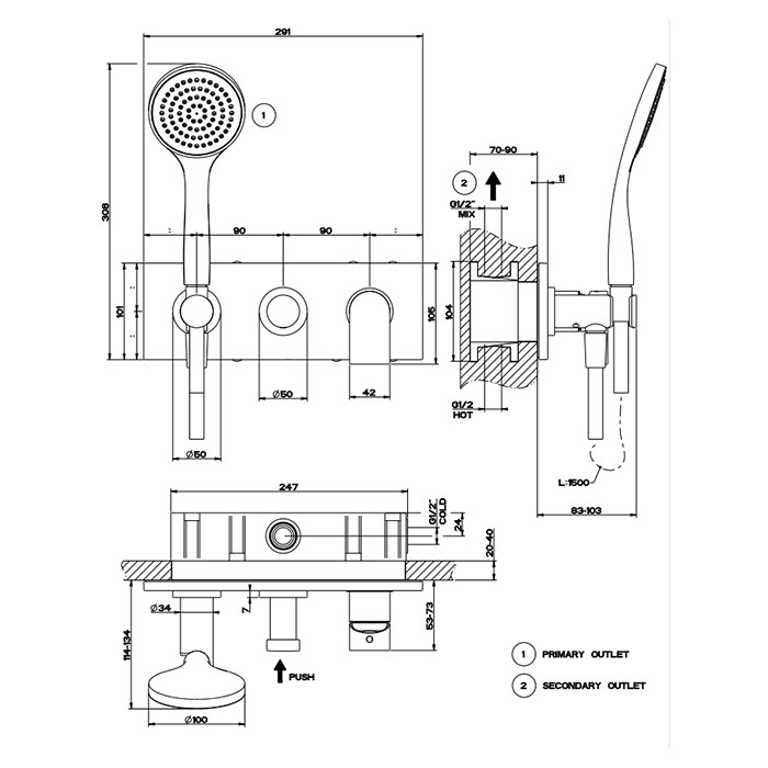 Gessi Смеситель для душа, встраиваемый, на 2 позиции с переключателем, с душевой лейкой и шлангом, Emporio Via manzoni, 44900#149 цвет: finox brushed nickel