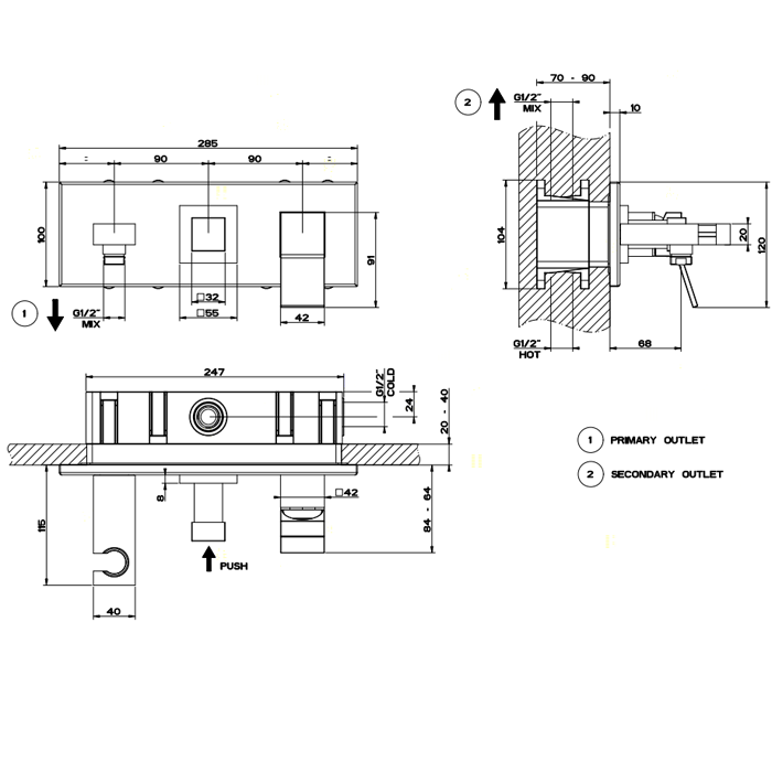 Gessi Встраиваемый смеситель, c подводом воды, держателем лейки и переключателем PUSH, Rettangolo, 53140#031 цвет: хром