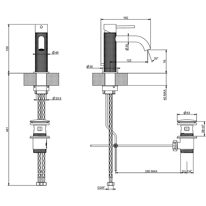 Gessi Смеситель для раковины на 1 отв., с донным клапаном, излив: 123мм, 316, 54401#707 цвет: brushed black metal pvd