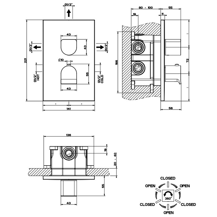 Gessi Встраиваемый смеситель для душа, термостатический, на 3 источника, Rilievo, 59136#299 цвет: nero xl