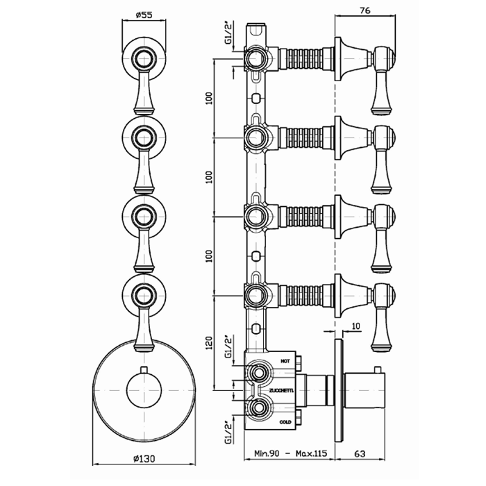 Zucchetti встроенный термостатический смеситель, 1/2”, с 4 запорными клапанами, agora classic, хром арт. zal662 r97823