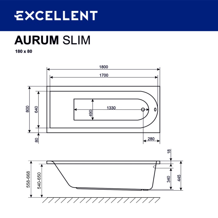 Встраиваемая ванна slim 180x80, Excellent Aurum, арт. WAEX.AUR18WHS