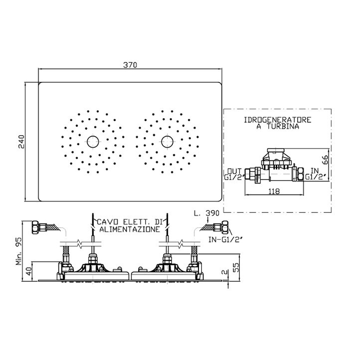 Zucchetti верхний душ 60х40см, встраиваемый в потолок, с 2 светодиодными лампочками, автономное питание, подключение к сети не требуется, helm, нержавеющая сталь арт. z94148.x