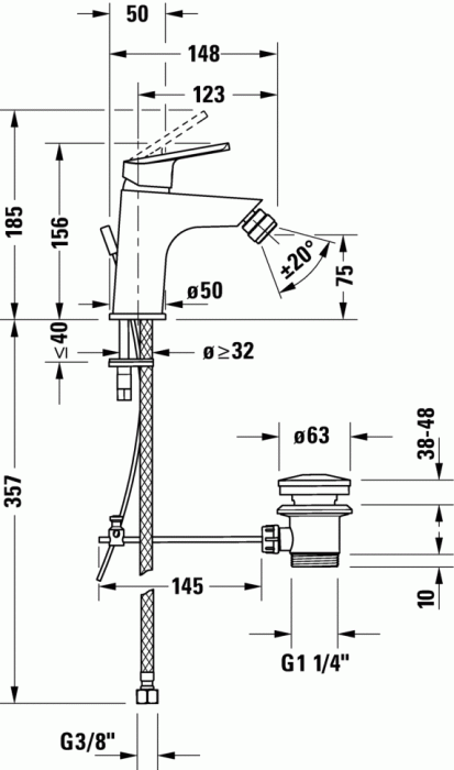 Duravit смеситель однорычажный для биде 156 мм, с донным клапаном, no.1, n12400001010 цвет: хром