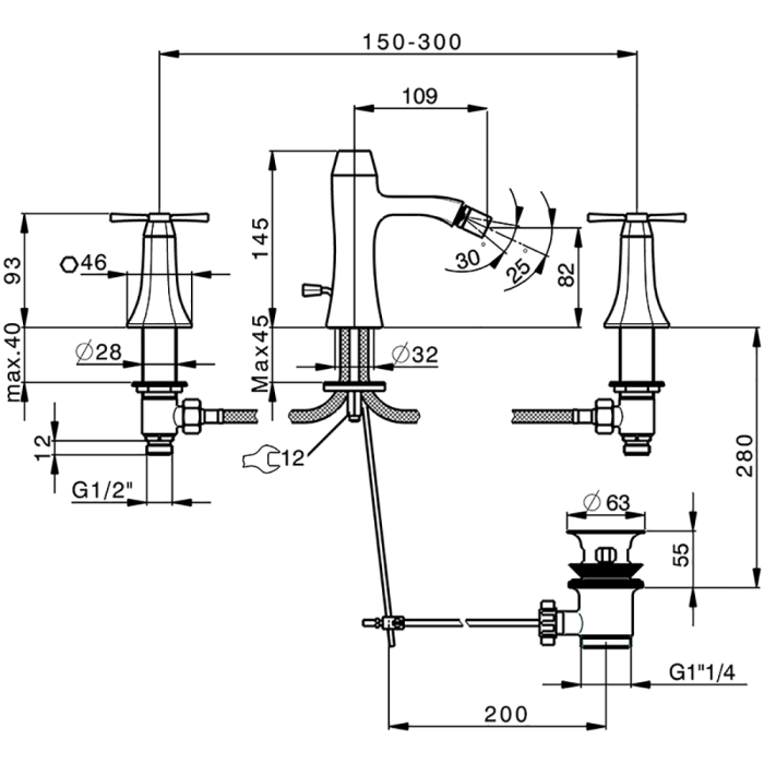 Cisal смеситель для биде на 3 отв. с донным клапаном cx0012206t cherie, цвет: хром