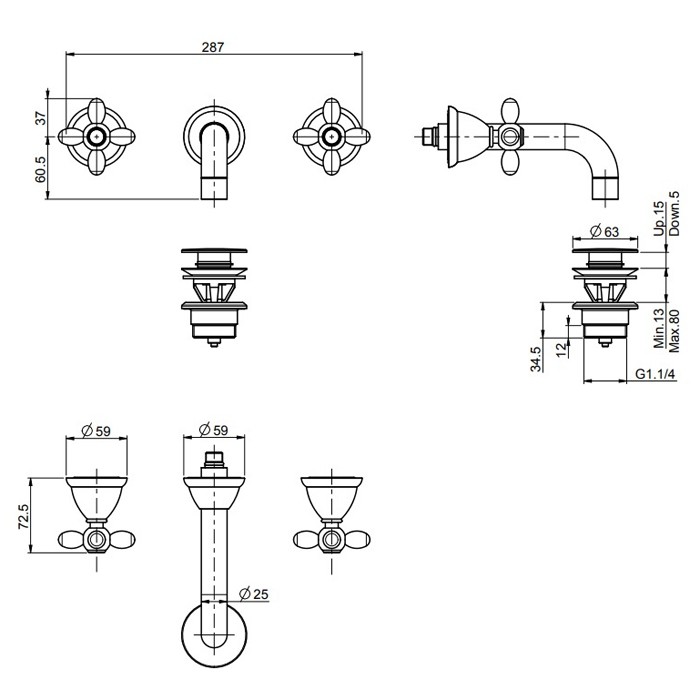 Fima Carlo Frattini смеситель для раковины, на 3 отверстия, настенный монтаж, olivia, хром арт. f5001/5cr