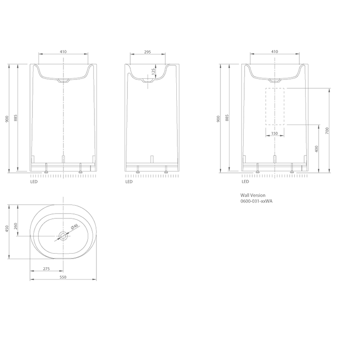 Knief раковина 55х45х90 см, без отв., напольная, c выпуском белым и сифоном, Moon, 0600-031-01 цвет: белый