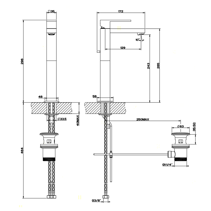 Gessi Смеситель для раковины с донным клапаном и высоким изливом 128мм, Rettangolo, 11921#031 цвет: хром