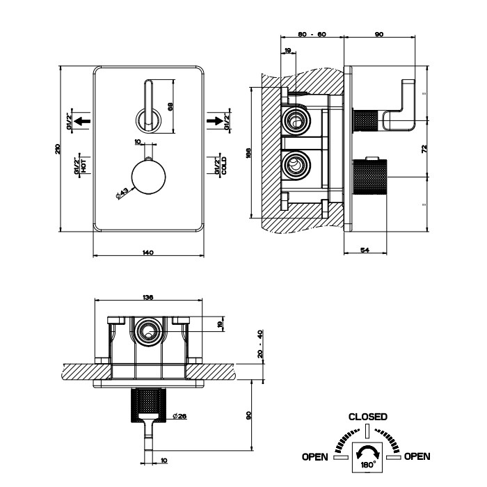 Gessi Смеситель для душа с переключателем на 2 выхода, термостатический, Inciso, 58134#031 цвет: хром