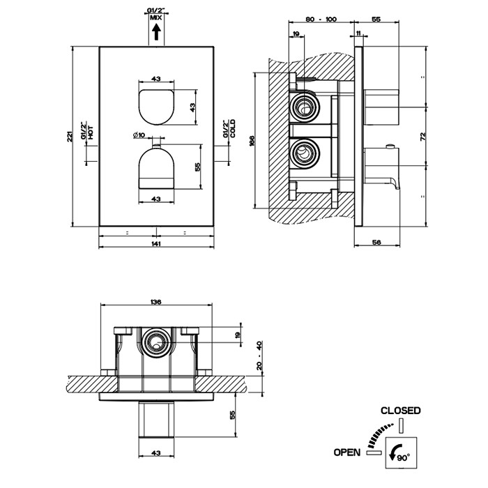 Gessi Встраиваемый смеситель для душа, термостатический, на 1 источник, Rilievo, 59132#299 цвет: nero xl