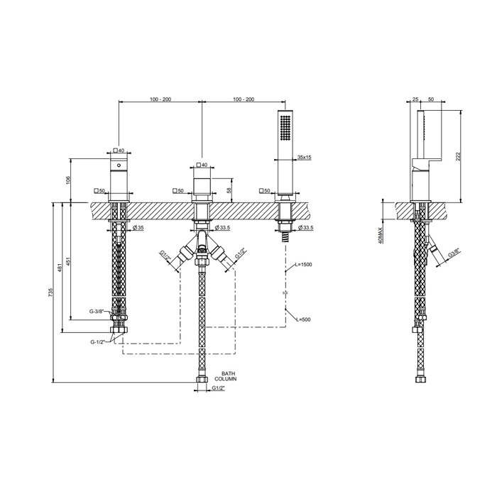 Gessi Смеситель для ванны на 3 отверстия, с переключателем и ручным душем, без излива, Rettangolo, 20043#299 цвет: black xl