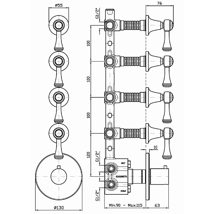 Zucchetti встроенный смеситель термостатический, 1/2”, с 4 запорными клапанами, agora classic, хром арт. zam662 r97823