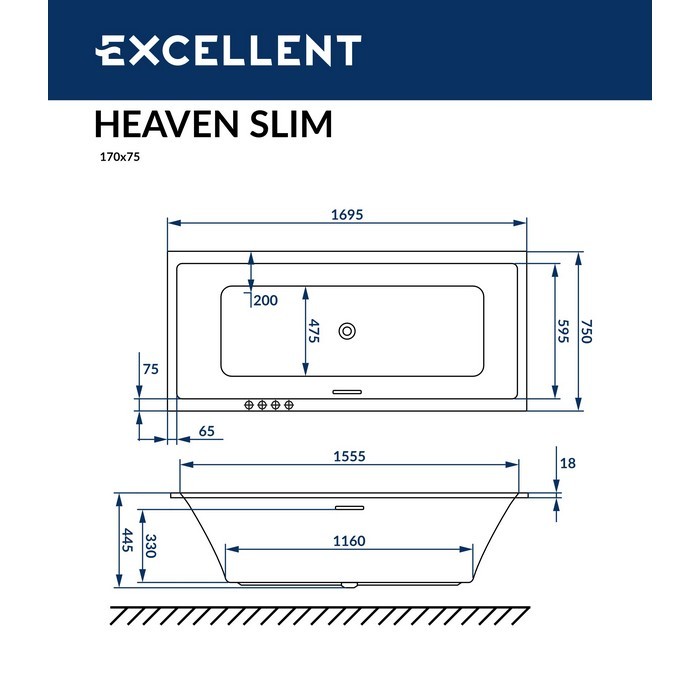 Встраиваемая ванна slim 170x75, Excellent Heaven, арт. WAEX.HEV17WHS