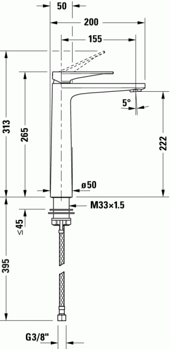 Duravit смеситель однорычажный для раковины xl 265 мм, длина излива 155 мм, tulum, tu1040002046 цвет: черный матовый