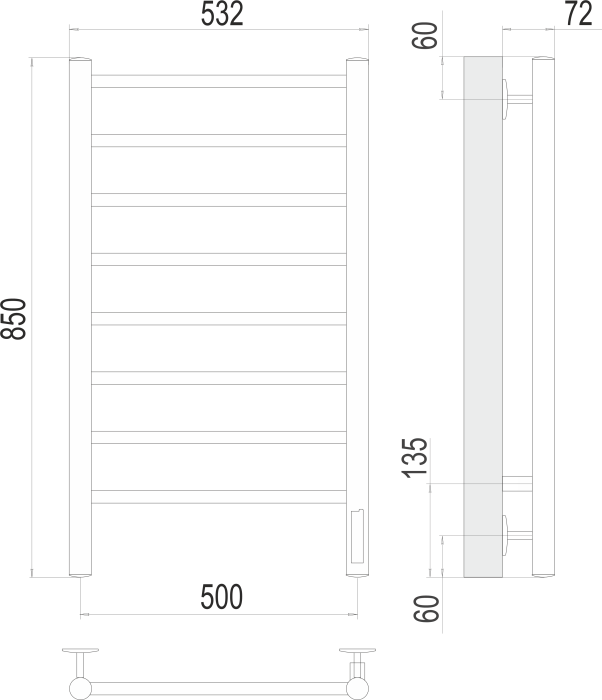 Terminus электрический полотенцесушитель аврора п8 500х850 электро (quick touch), электрика стандарт арт. 4670078531179