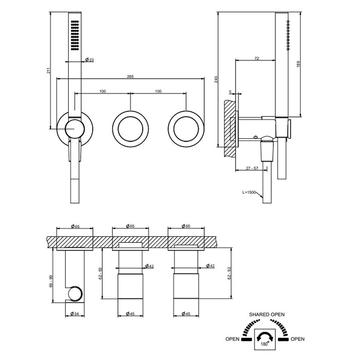 Gessi Смеситель для душа, настенный, с переключателем на 2 положения, с ручным душем, Habito Unito, 70038#031 цвет: хром