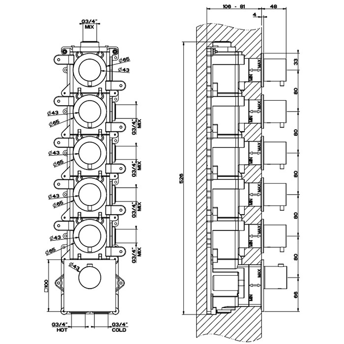 Gessi Встраиваемый термостатический смеситель на 5 источников, резьба 3/4", 316, 54510#239 цвет: steel brushed