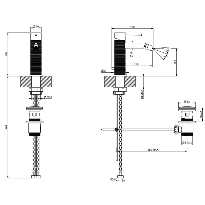 Gessi Смеситель для биде на 1 отв., с донным клапаном, излив: 118мм, 316, 54307#707 цвет: brushed black metal pvd