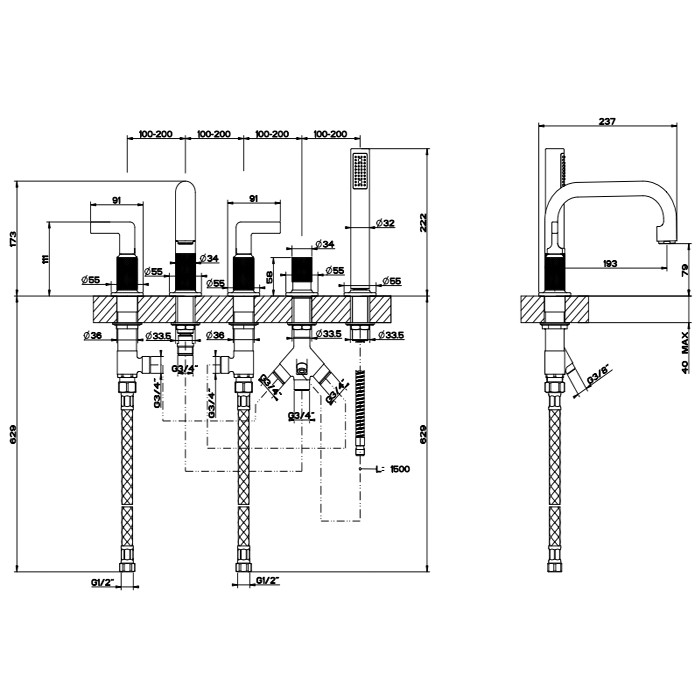 Gessi Смеситель для ванны, на 5 отв., с переключатель потоков, шланг 150см, и ручным душем, Inciso, 58040#246 цвет: золото