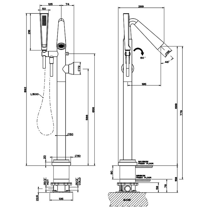 Gessi Смеситель для ванны, напольный, с ручным душем и шлангом 1500 мм, Cono, 45028#031 цвет: хром