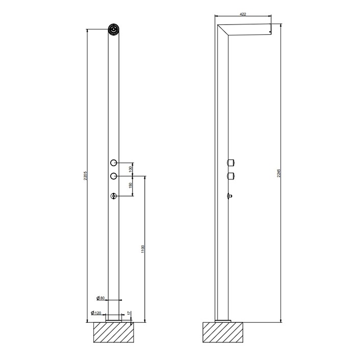 Gessi Душевая стойка, для установки на улице, напольная, на 2 выход, без ручки и верхнего душа, Outdoor, 63203#239 цвет: steel brushed