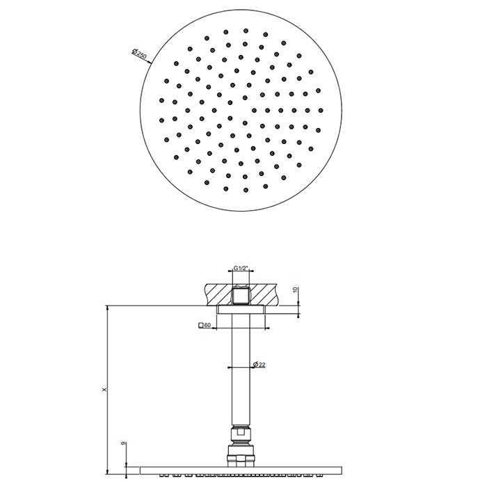 Gessi Потолочная душевая головка шарнирная на 1/2", d250мм, длина изгот. под заказ (105 - 1855мм), Rilievo, 59150#031 цвет: хром
