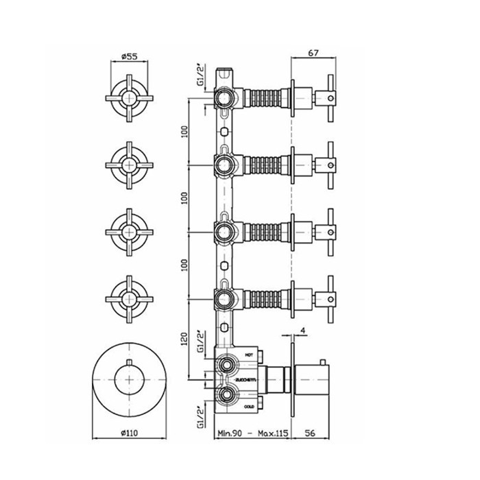 Zucchetti смеситель для душа, встраиваемый, термостатический, с переключателем на 4 потока, helm, brushed total black pvd арт. zhm662.xp81
