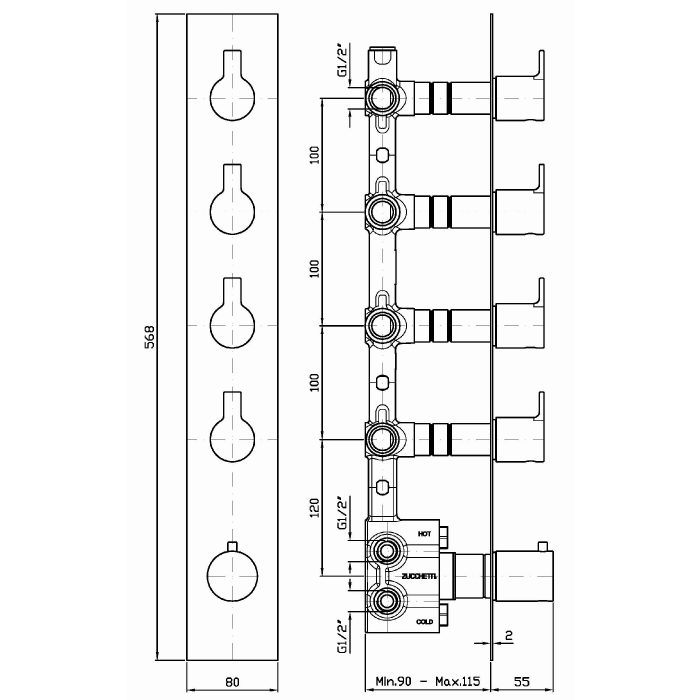 Zucchetti встроенный 1/2” термостатический смеситель для душа, с 4 запорными клапанами, on, хром арт. zon662 r97823