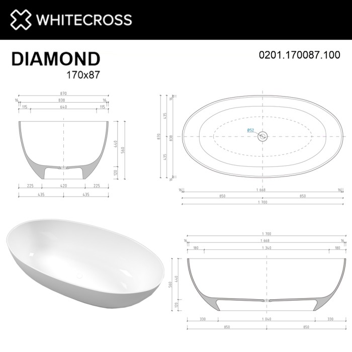 Отдельностоящая ванна 170x87, Whitecross Diamond, белый глянец арт. 0201.170087.100