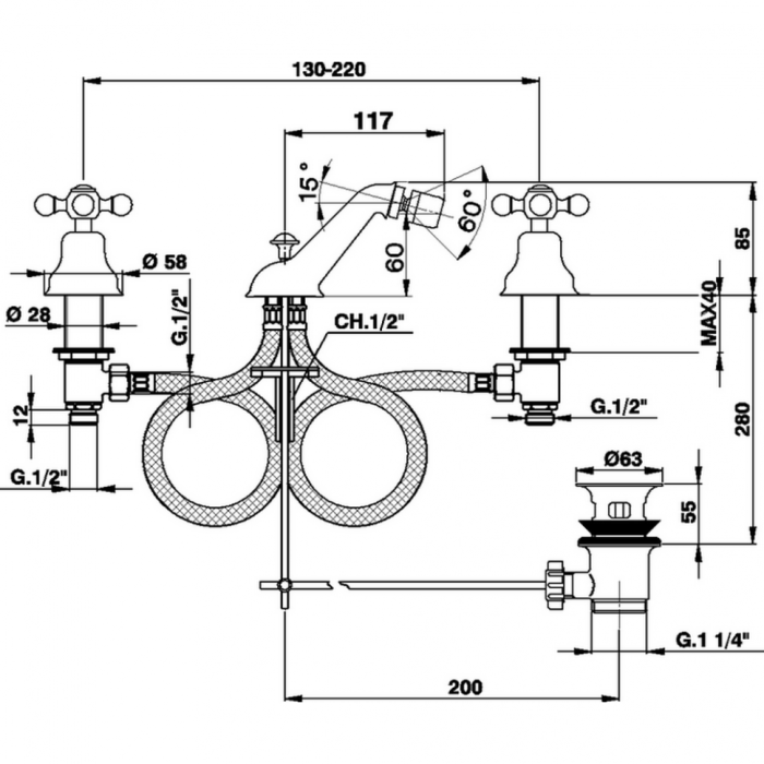 Cisal смеситель для биде на 3 отверстия с донным клапаном ac00122021 arcana ceramic, цвет: хром