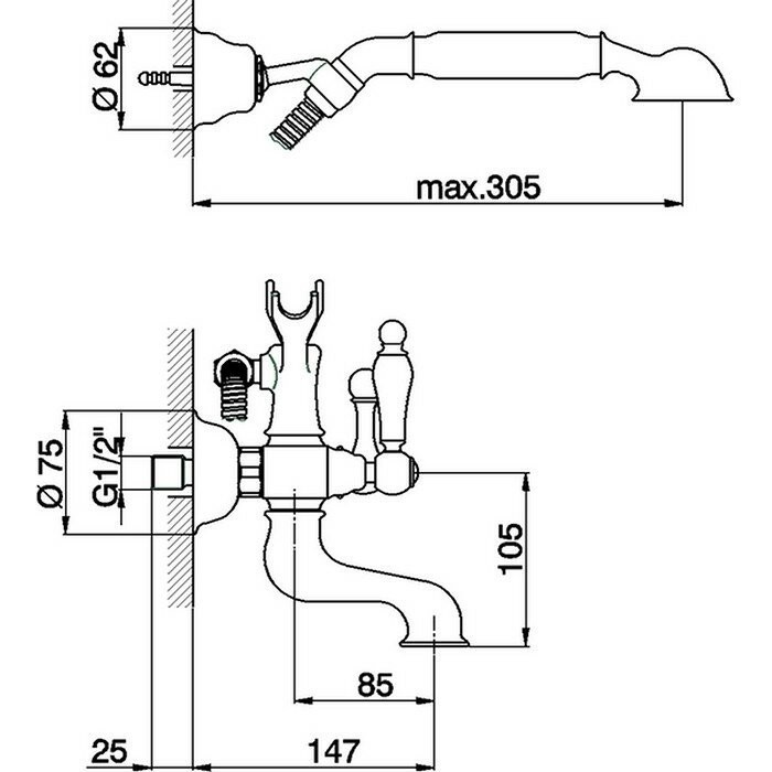 Cisal смеситель настенный для ванны и душа с ручной лейкой, держателем и шлангом ts00012021 arcana toscana, цвет: хром