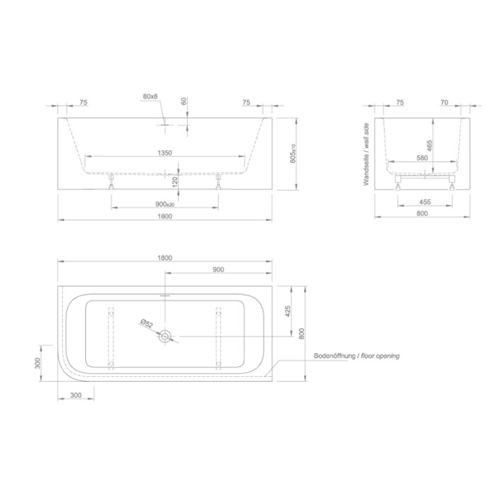Knief ванна акриловая в правый угол 180х80х60см., щелевой перелив, Pure, 0100-247 цвет: белый