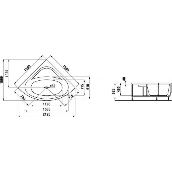 LAUFEN угловая акриловая ванна 150х150 см, с каркасом, SOLUTIONS - 2.4450.7.000.695.1
