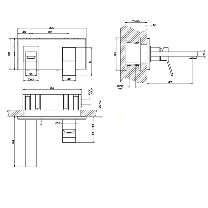 Gessi Встраиваемый однорычажный смеситель для раковины, излив 147мм, Rettangolo, 53089#031 цвет: хром