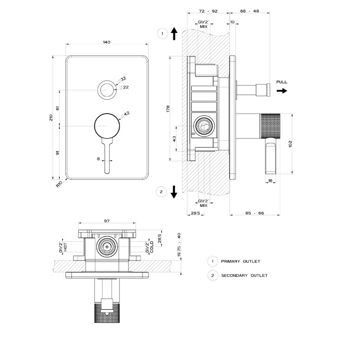 Gessi Встраиваемый однорычажный смеситель, картридж ?35 мм, на две позиции с автоматическим переключателем, Inciso, 58079#299 цвет: black xl