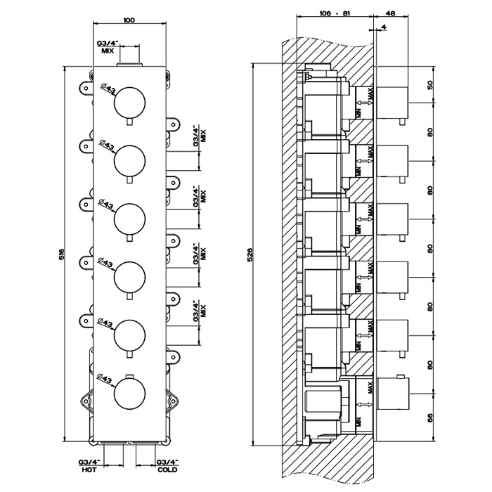 Gessi Встраиваемый термостатический смеситель на 5 источников, резьба 3/4", 316, 54520#239 цвет: steel brushed