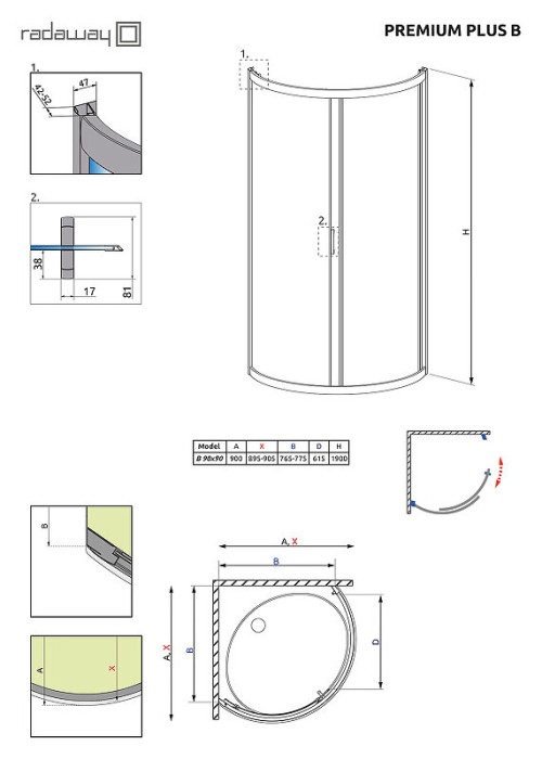 Radaway душевой уголок 90x90 профиль хром стекло фабрик, Premium Plus - 30473-01-06N