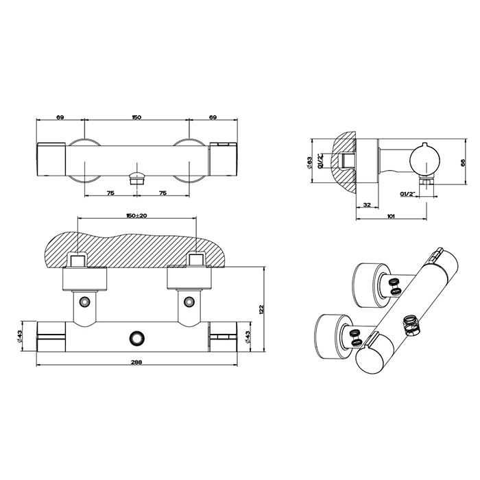 Gessi Смеситель термостатический наружный для душа, Emporio Via tortona, 18731#149 цвет: finox brushed nickel