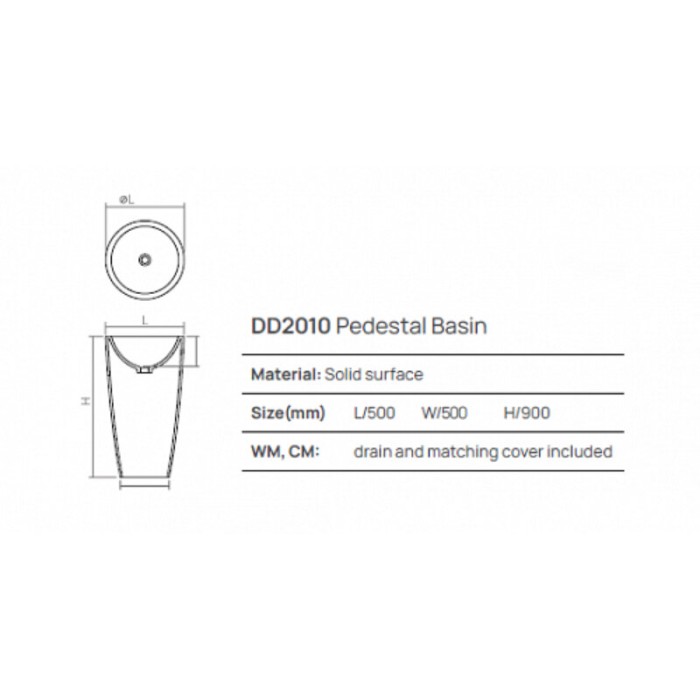 Раковина из искусственного камня 50 см, DEA Design Pedestal Basin, белый арт. DD2010 500 18