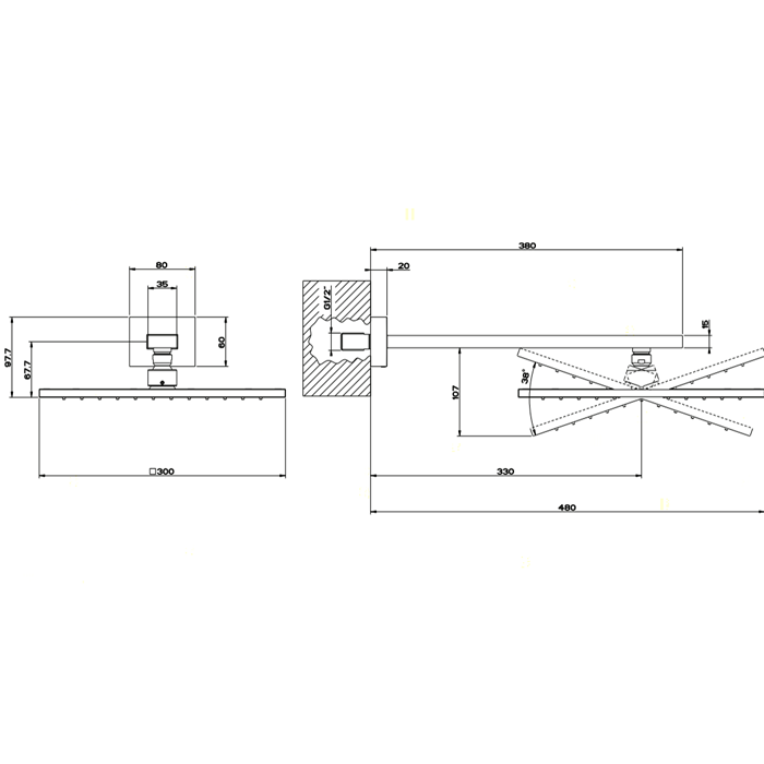 Gessi Верхний душ для настенного крепления 300x300мм, Rettangolo, 15185#031 цвет: хром