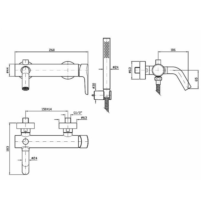 Zucchetti смеситель для ванны, настенный, с ручным душем, medameda, хром арт. zmm521