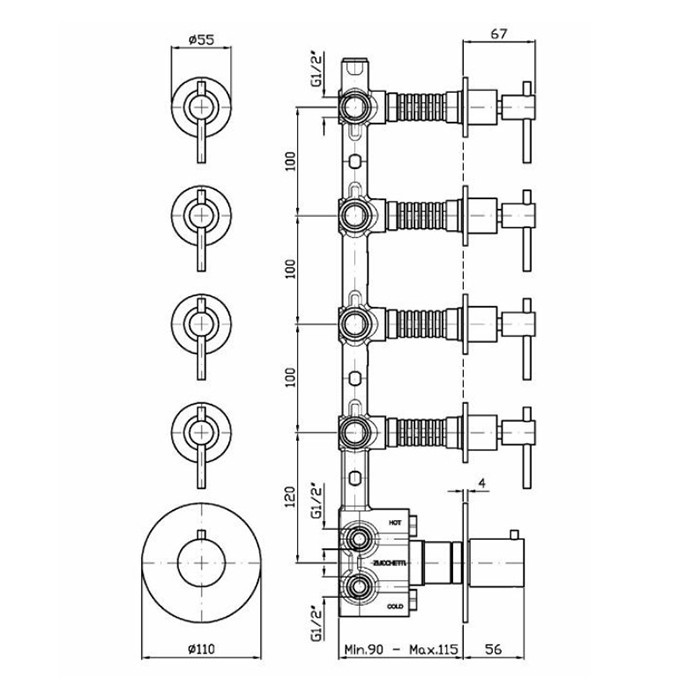 Zucchetti смеситель для душа, встраиваемый, термостатический, с переключателем на 4 потока, ручка: рычаг, helm, brushed total black pvd арт. zhl662.xp81