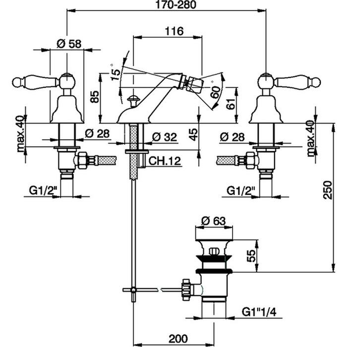 Cisal смеситель для биде на 3 отверстия с донным клапаном ts00122024 arcana toscana, цвет: золото