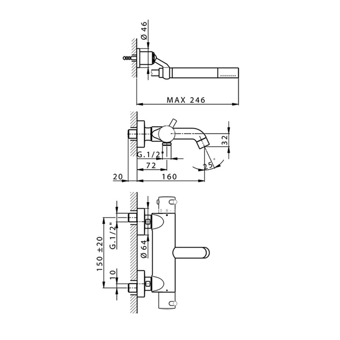 Cisal смеситель термостатический настенный для ванны и душа с ручной лейкой, держателем и шлангом lnd2301640 less new, цвет: черный