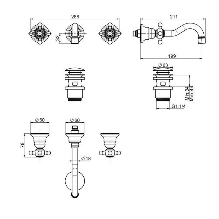 Fima Carlo Frattini смеситель настенный на 3 отверстия, elizabeth, хром арт. f5081l/5cr